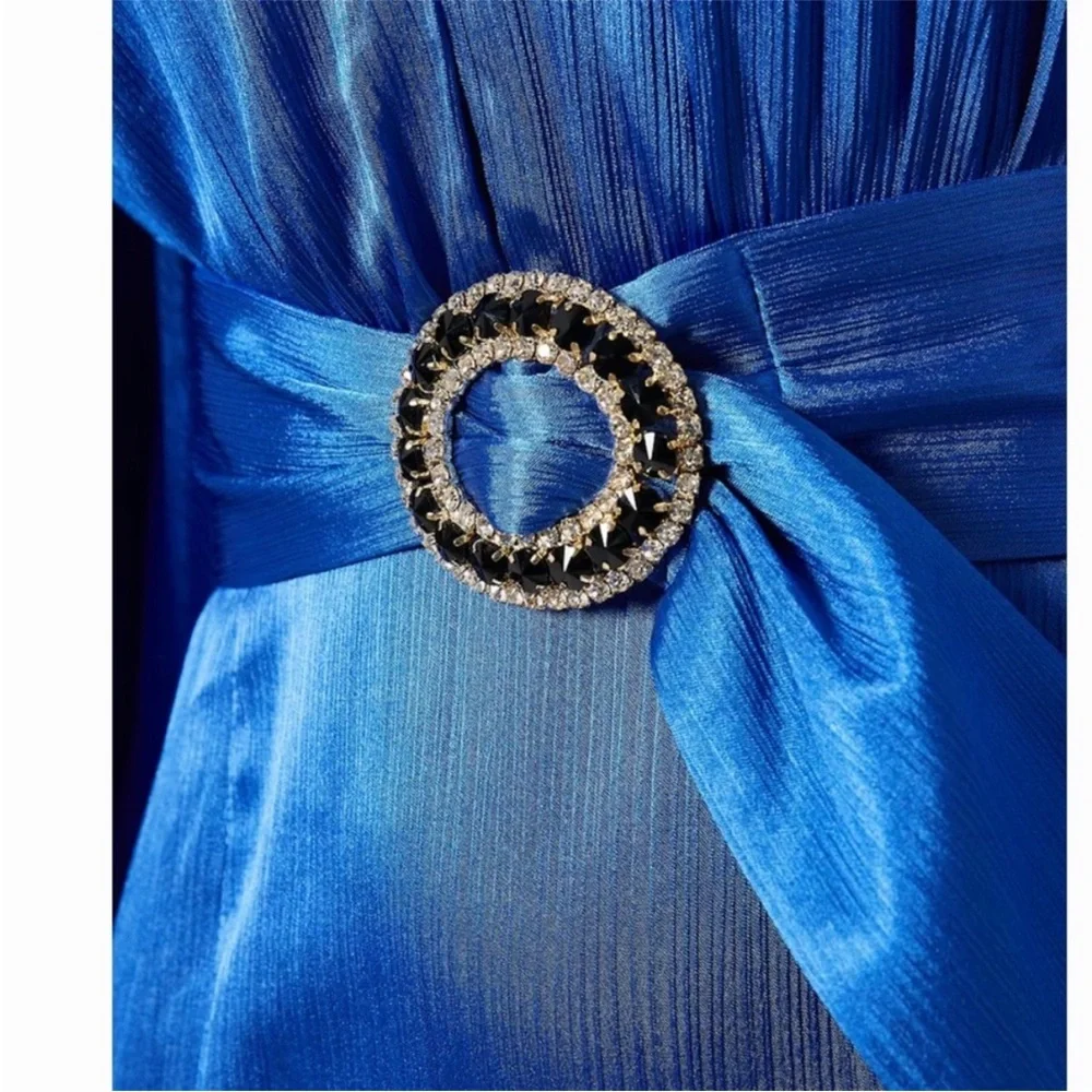 Bronx and Bonco Elegant Blue V-Neck Long Sleeve Maxi Dress with Belt - Picture 2 of 7